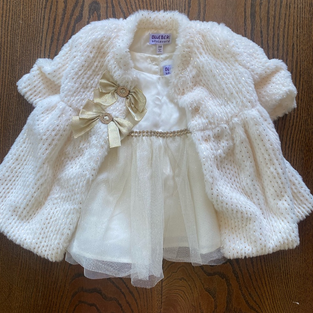 Blueberi Boulevard Cream Dress and overcoat